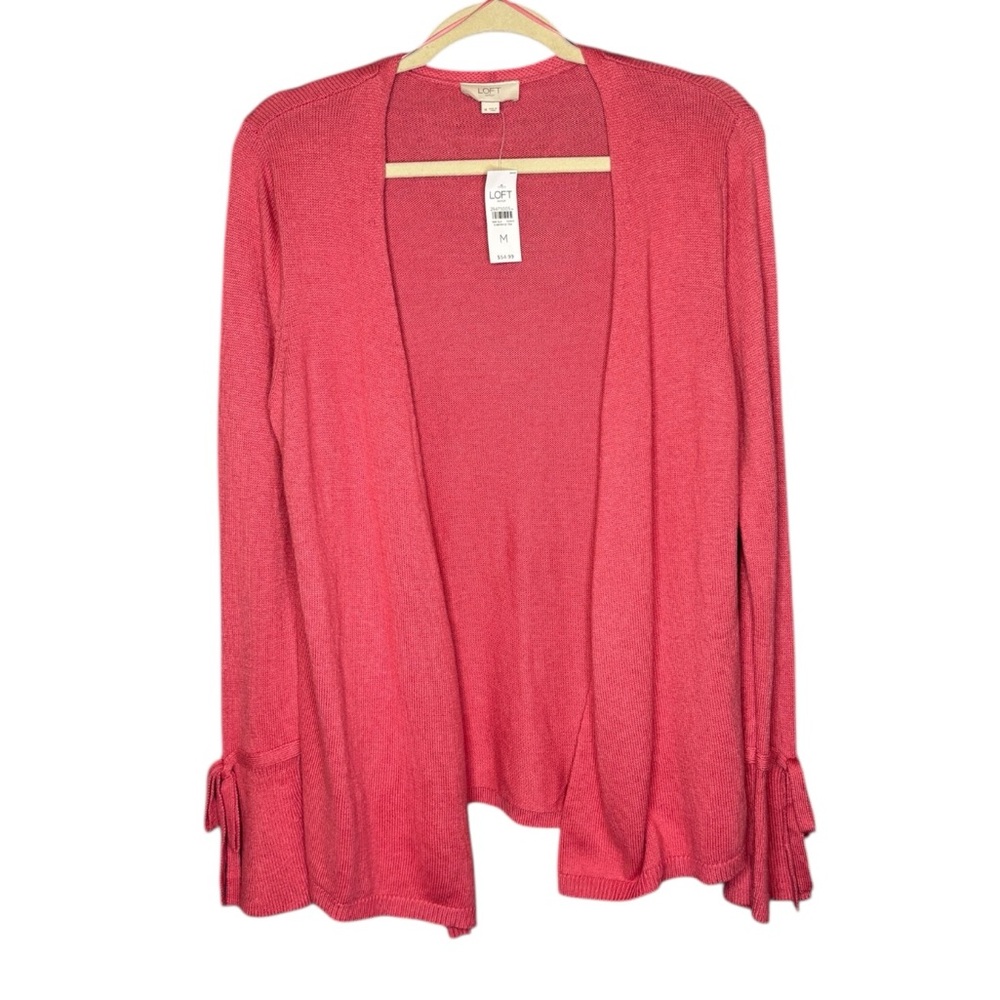 New LOFT Medium‎ M Pink Bow Bell Sleeve Cardigan Sweater Soft Stretch Knit NWT